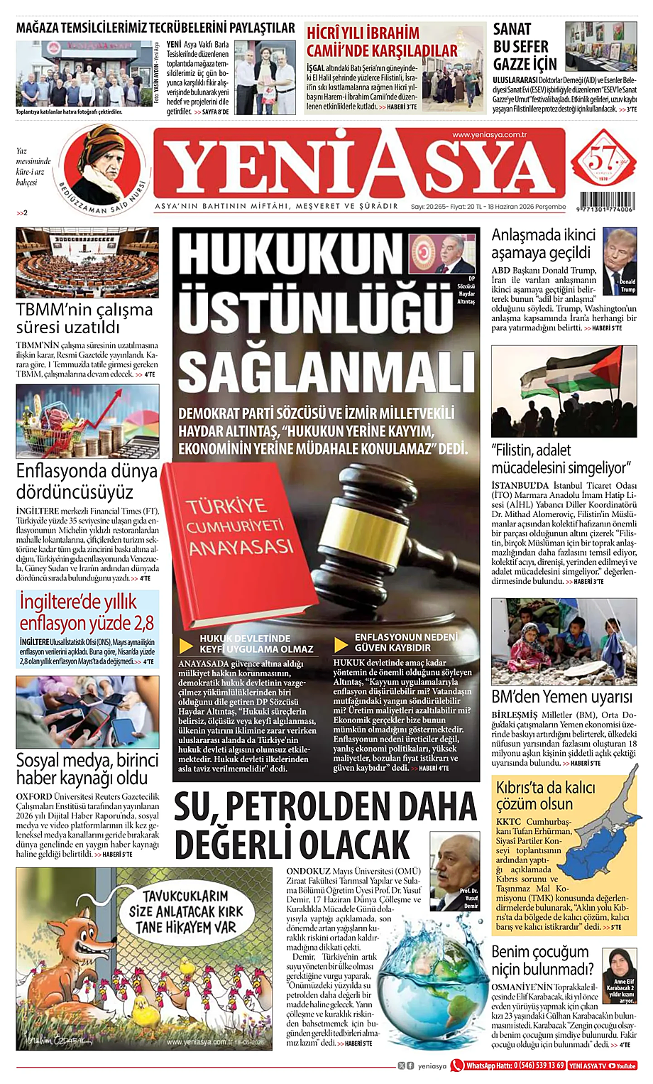 Yeni Asya bugünkü manşeti ve ilk sayfası - Türkiye basını 18 Haziran 2026