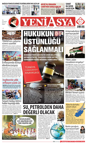 Bugünkü Yeni Asya manşeti ve ilk sayfası - ulusal gazetesi