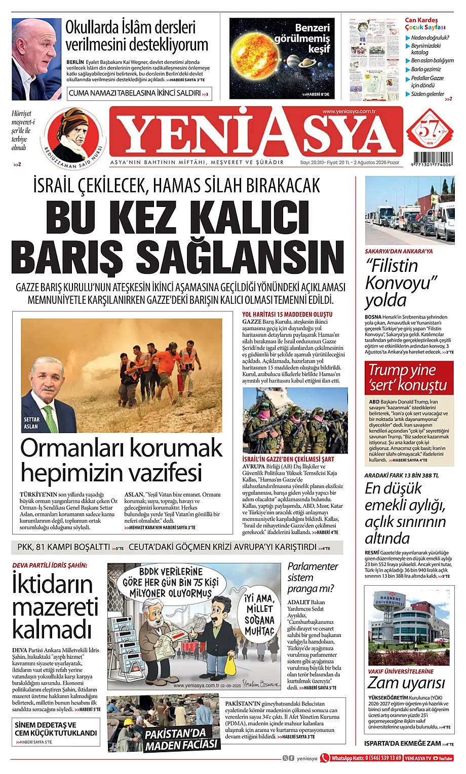 Yeni Asya bugünkü manşeti ve ilk sayfası - Türkiye basını 2 Ağustos 2026