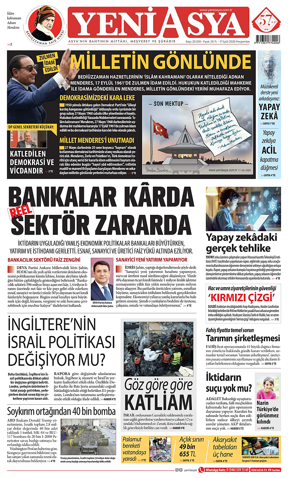 Yeni Asya bugünkü manşeti ve ilk sayfası - Türkiye basını 17 Eylül 2026