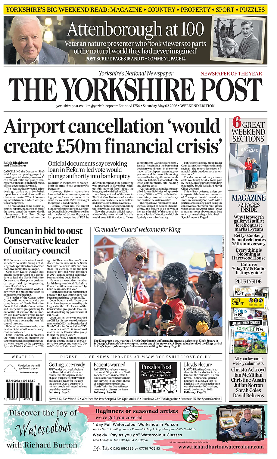 Front page of Yorkshire Post today - UK press 2 May 2026